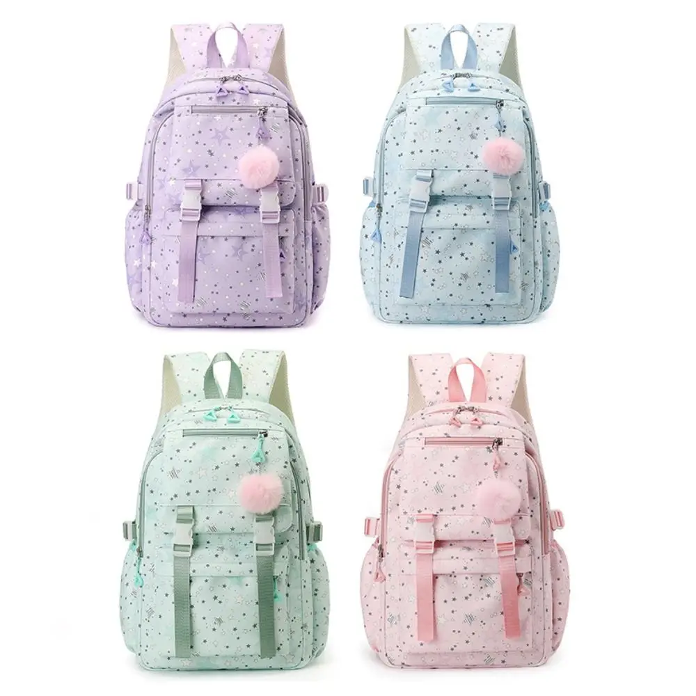 Cute Star Print School Backpack Adjustable Multi-pockets Girls Schoolbag Breathable Splash-Resistant Laptop Shoulders Bag