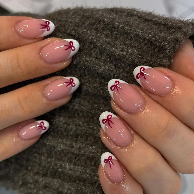 

24Pcs Red Almond-Shaped Press-On Nails Glossy Full Cover Fake Nails with Bow Detail Stylish French Nail Tips for Women&Girls