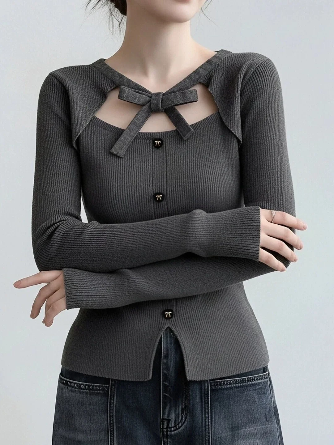 Fashionable Lace Knitted Sweater Fake Two-Piece Base Shirt Women Spring Autumn Inner Match High-End Sense Super Good Looking ...