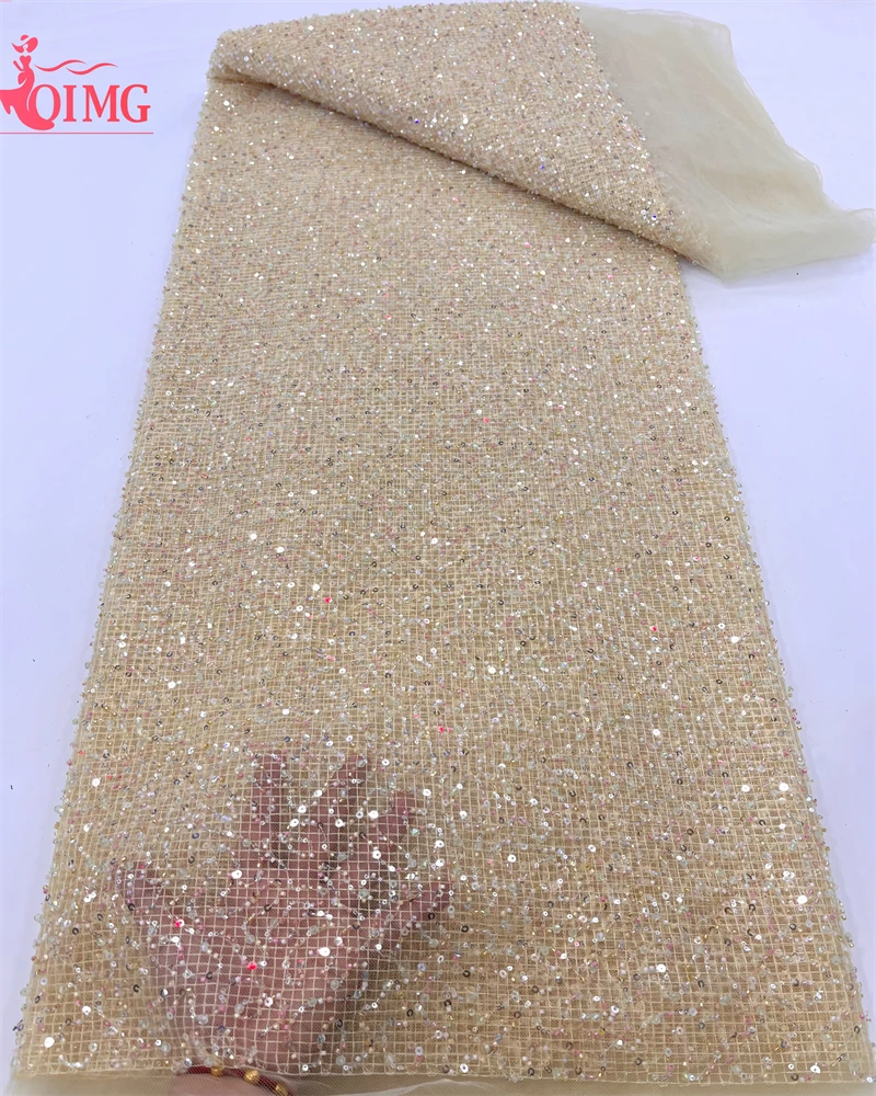 OIMG Gold 2024 Latest Delicate Elegant Best High Quality Soft Embroidered Beaded Tube Lace fabric For Wedding Party Dress