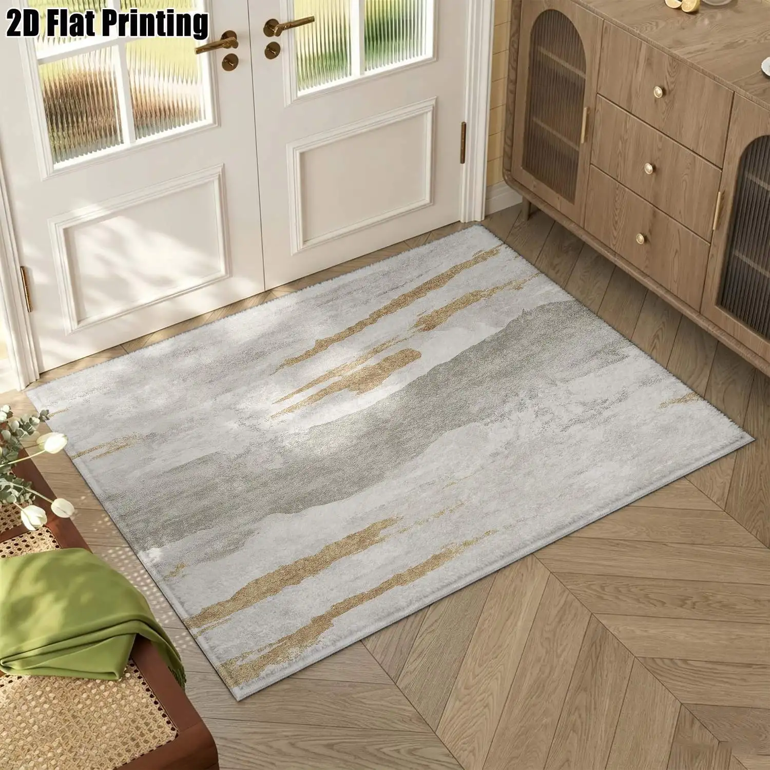 1Pc 2D Printed Carpet: Gray-White-Gold Abstract Texture, Nordic/Instagram Style, Modern Minimalist Vintage Geometric Striped Floor Mat, Home Decor, Multi-Size, Machine Washable, for Entrance, Dining, Foyer, Living Room, Bedroom