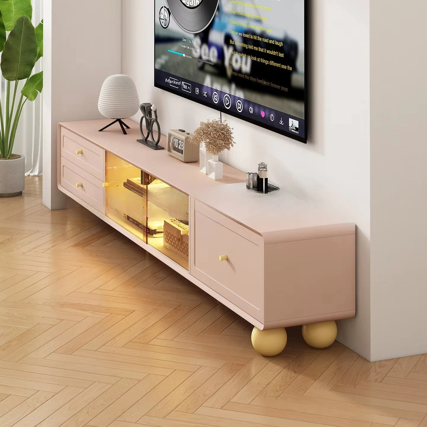 #Solid Wood Cream Style Floor TV Cabinet Hidden Socket for Small Apartment Living Room Storage Customizable Home Furniture