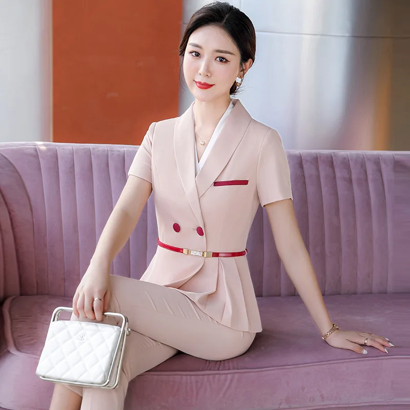 

Office Blazer 2 Piece Hotel Front Desk Professional Wear High Quality Summer New Temperament Women Suit Slim Fit Cropped Pants