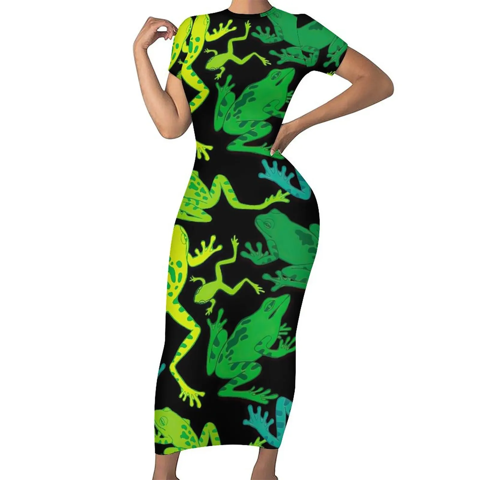 Green Frog Bodycon Dress Spring Animal Print Cute Maxi Dresses Woman Short Sleeve Design Korean Fashion Dress 3XL 4XL 5XL