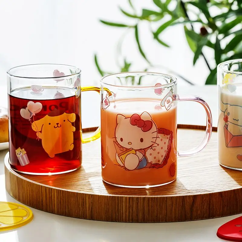 Kawaii Cute Sanrio Hello Kitty Cinnamoroll Pochacco Pom Pom Purin Glass Cup Milk Cup Breakfast Cup Heat-Resisting Gift for Girl