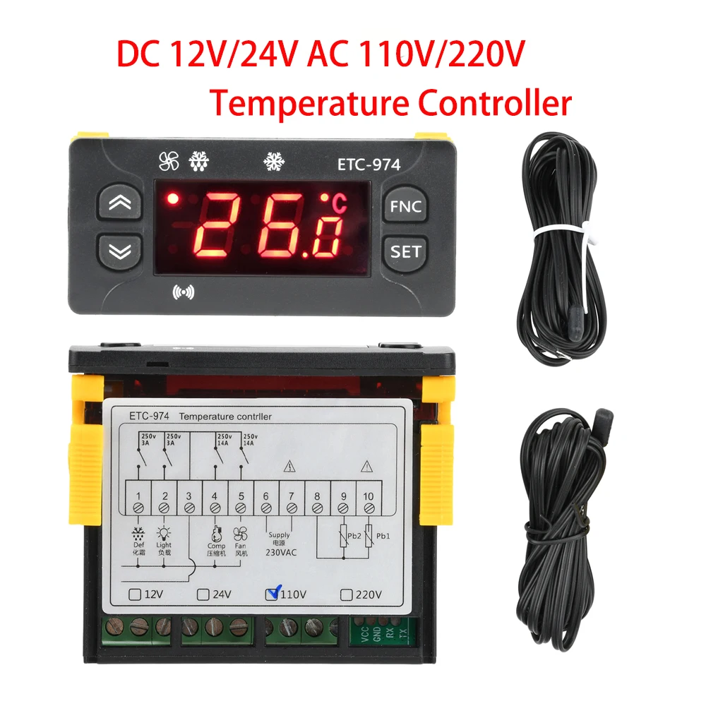 DC 12V/24V AC 110V/220V ETC-974 Temperature Controller Refrigerator Defrosting Heating Control Thermoregulator with NTC Sensor