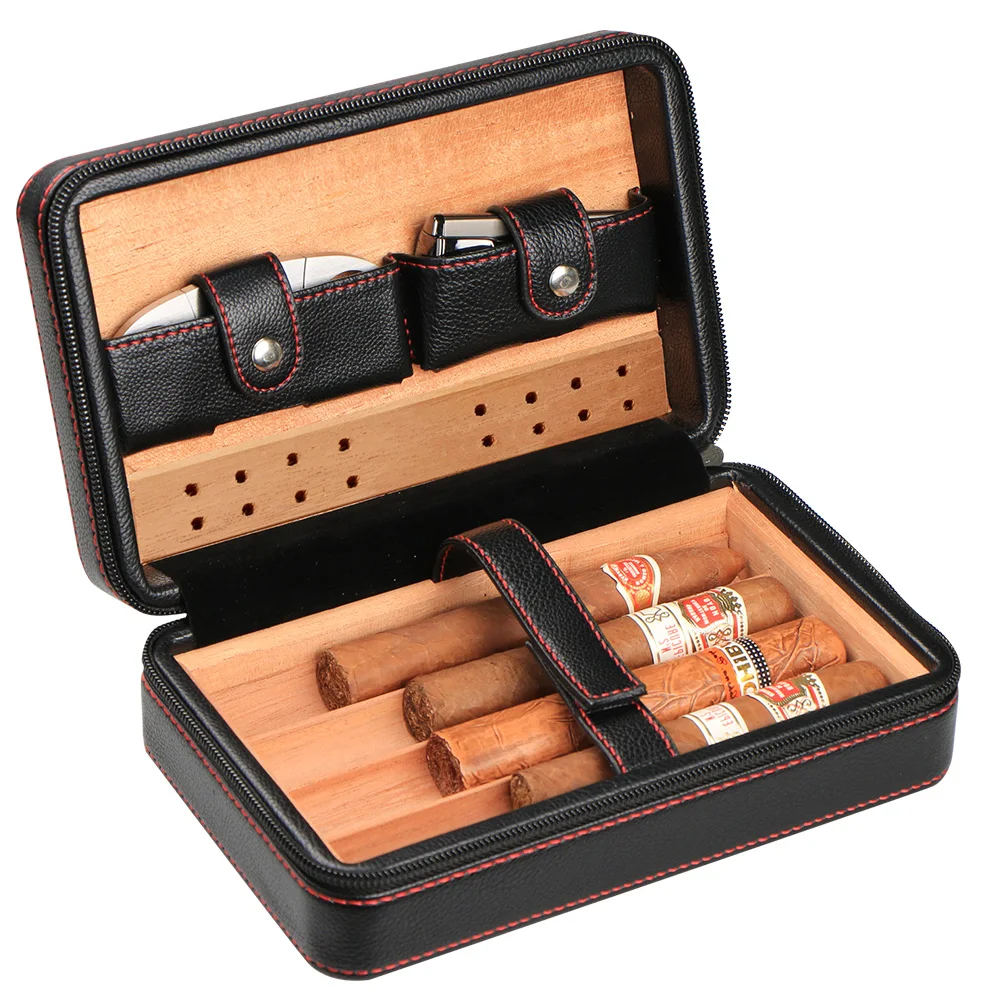 Cedar Wood Leather Travel Humidor Cohiba Cigar Case Humidor Portable Humidifier Set Father\'s Day Gift Travel Humidor