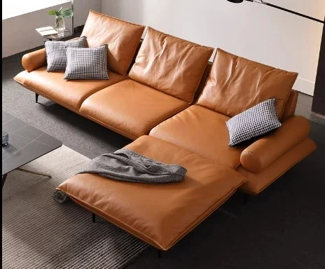 Italian minimalist leather sofa simple modern living room row three people 2023 new first layer cowhide down sofa