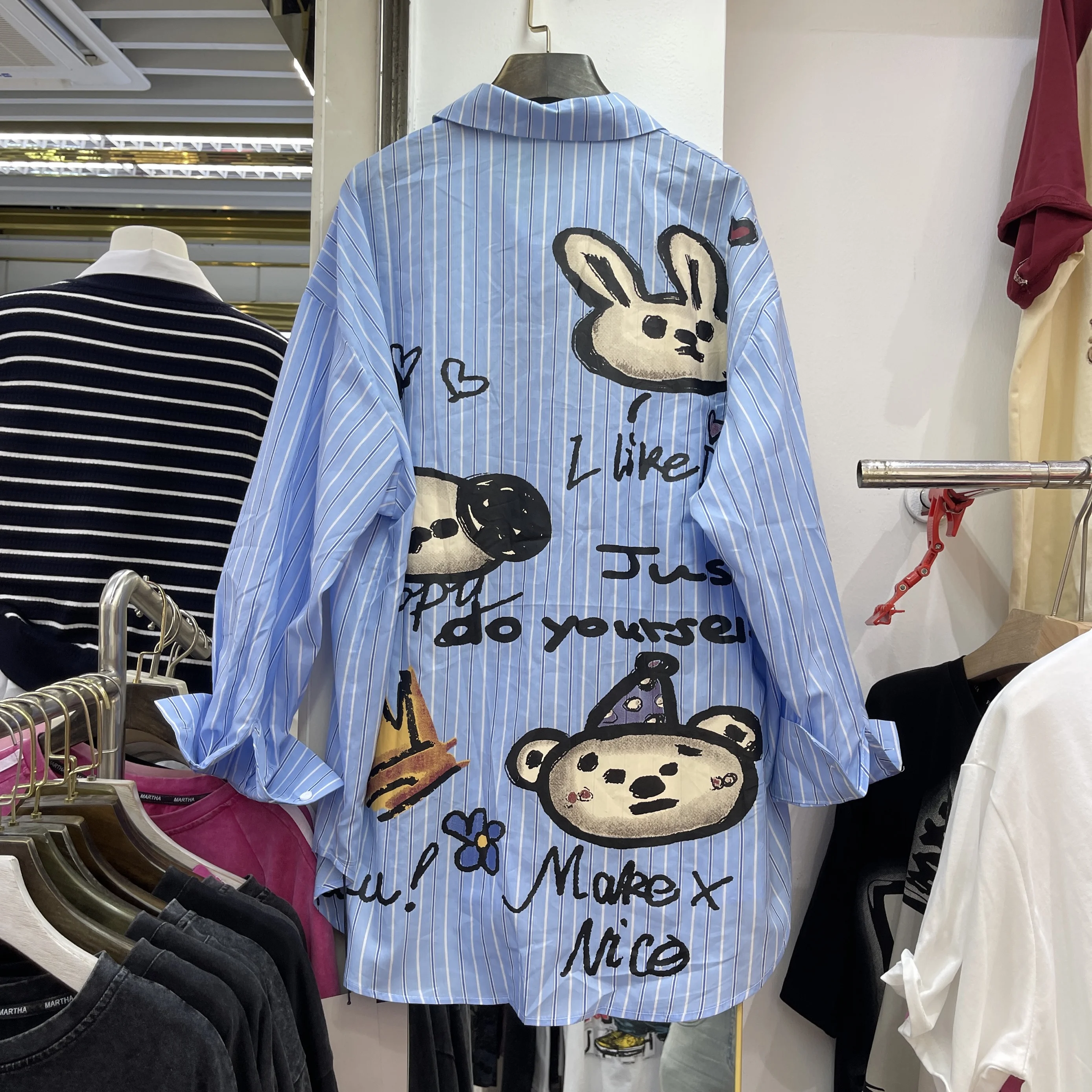 Cute Shirts for Women 2025 Spring New Loose Medium Length Plaid Cartoon Printing Long-sleeved Shirt Womens Tops