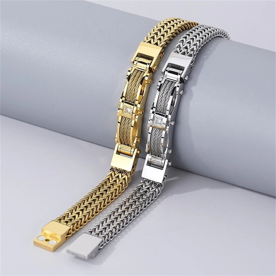 Fashion Personalized Creative Gold Color Stainless Steel Men's Inlaid Diamond Bracelet Hip Hop Punk Titanium Steel Men's Bracele