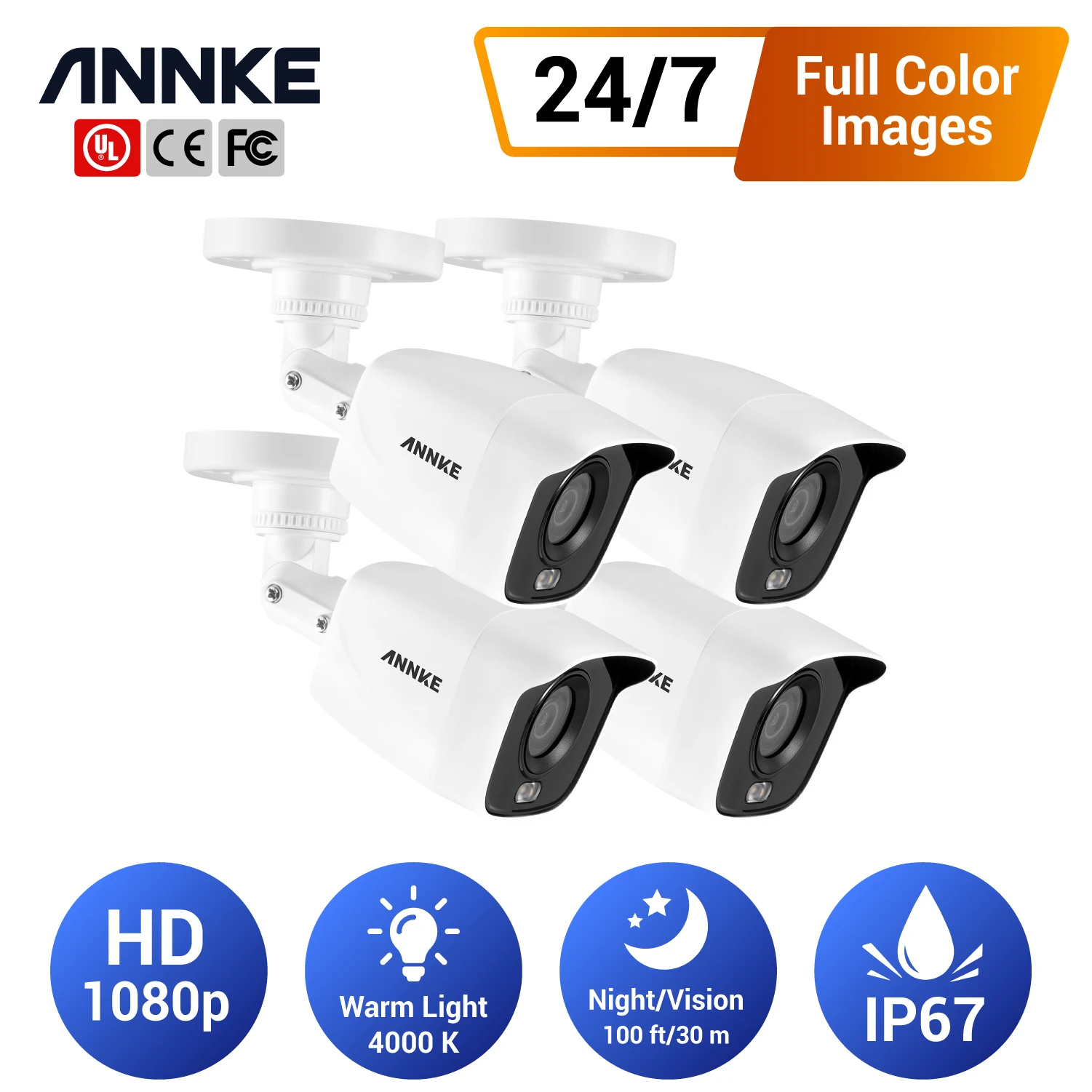 ANNKE 4PC 1080p Full Color Night Vision Security Cameras  for 2MP TVI DVR CCTV Camera Systems IP67 Outdoor Indoor Camera Kit