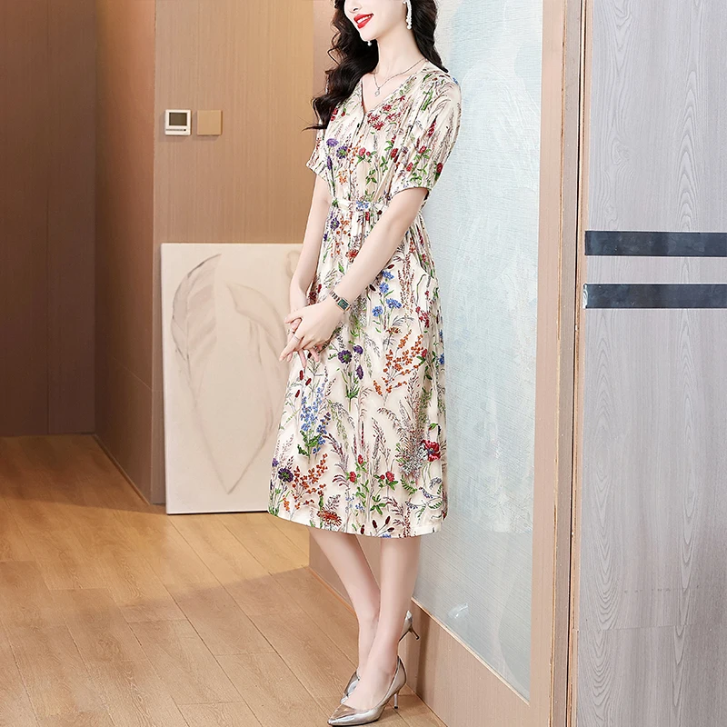 Verano Mujer satén Boho Vintage vestido ceñido al cuerpo de lujo 2025 Oficina señora Floral seda Midi vestido elegante Casual Vestidos de fiesta nocturna