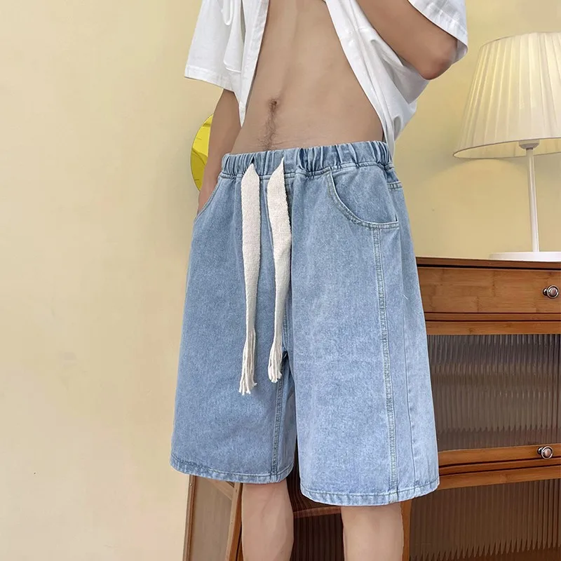 

Hong Kong Style Oversize Casual Loose Fit Five Inch Shorts for Teenagers Retro Weave Belt Denim Summer Trendy Straight Leg Jeans