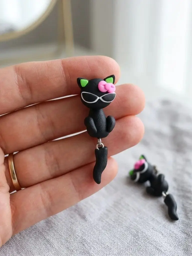Handmade Black Cat Polymer Clay Stud Earrings For Women Cute 3D Animal Pink Bow Ear Jackets Front Back Piercing Jewelry