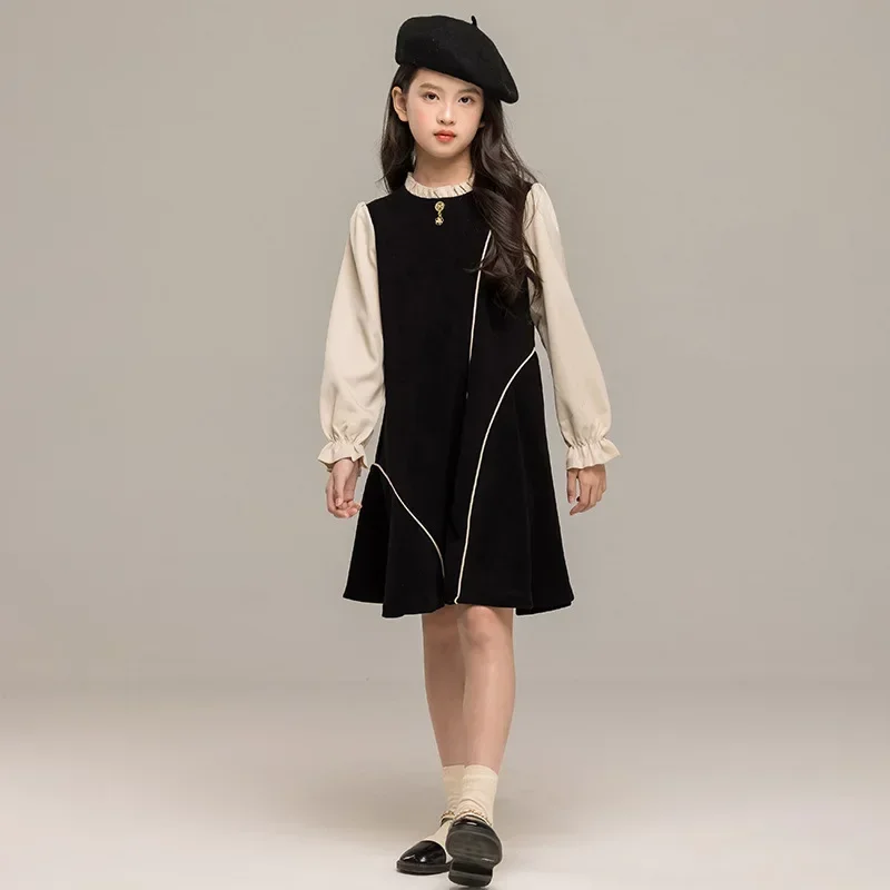 Girls Autumn Dress Fake Two Piece Color Contrasting Princess Dress 2024 Korean Children Long Sleeve Dress Stylish