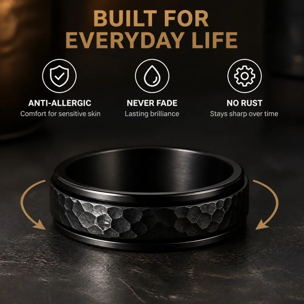 Hammered Moonpits Spinner Ring Rotating Irregular Patterns Meteorite Ring Reducing Pressure Anti-Stress Stainless Steel Ring Men
