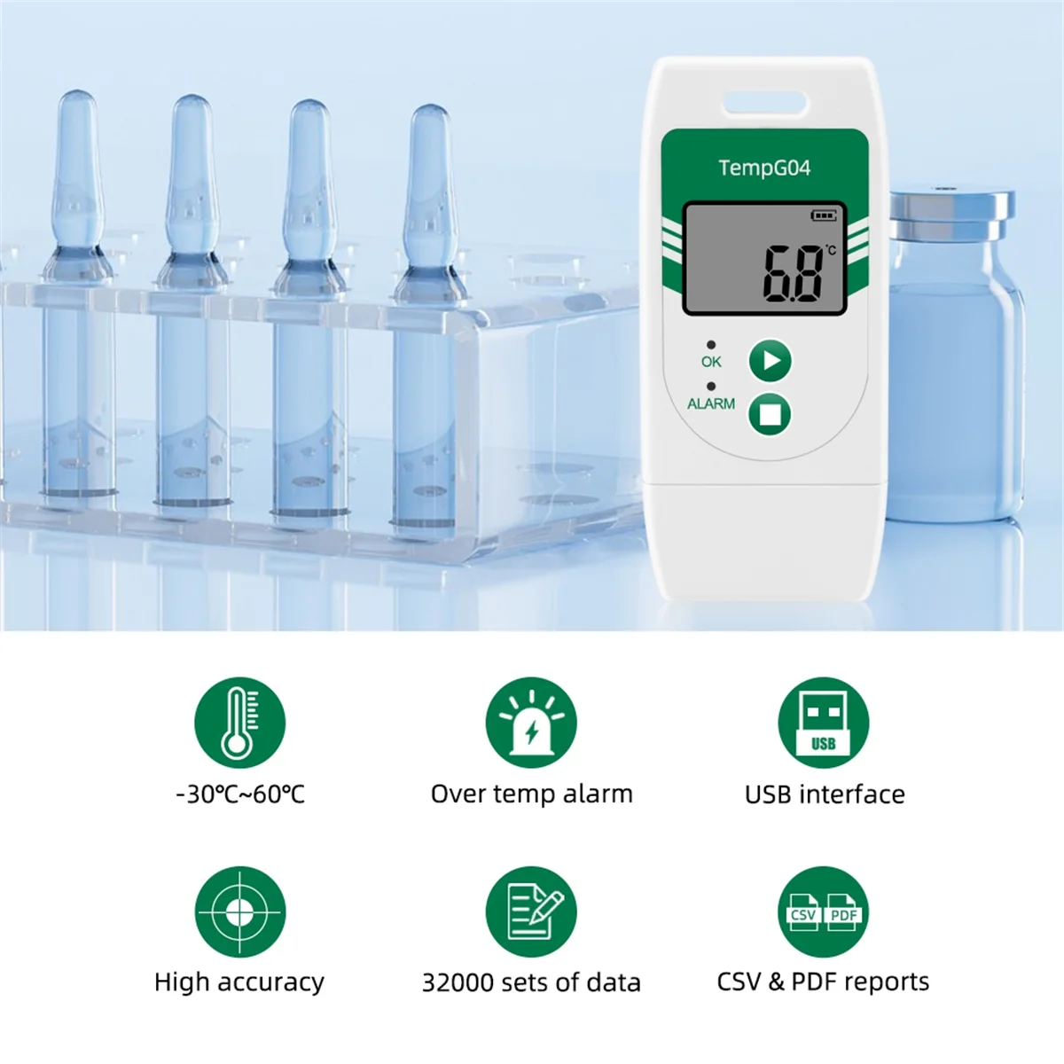 Registrador de dados de temperatura USB A07I TempG04 Exportação para CVS e PDF Capacidade de 32000 pontos para transporte de cadeia fria de laboratório de frutas e vegetais