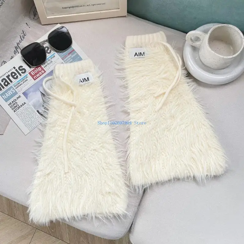 

N7YF Womens Y2K Girls Winter Furry Leg Warmer wtih Drawstring Furry Plush Boot Cover