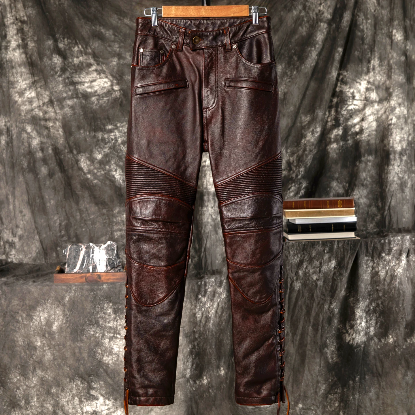 Red Brown Winter Leather Trousers Men Vintage Style Plus Size 5XL Genuine Natural Cowhide Motorcycle Style Leather Pants