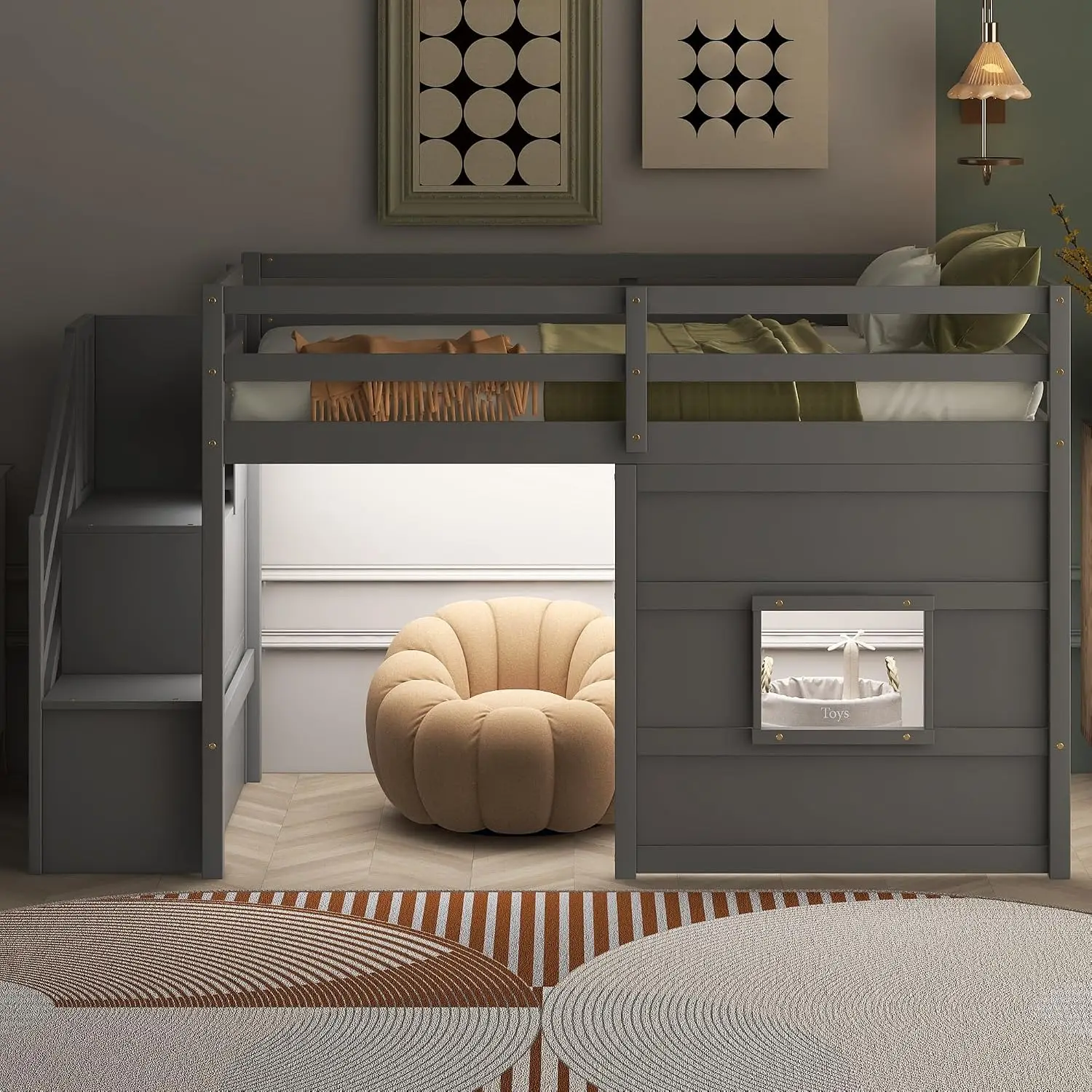 Low Loft Bed with Stairs,Twin Kids Loft Bed Frame with Safety Guardrail and LED Light,Wood Loft Beds with Under-Bed Play Space