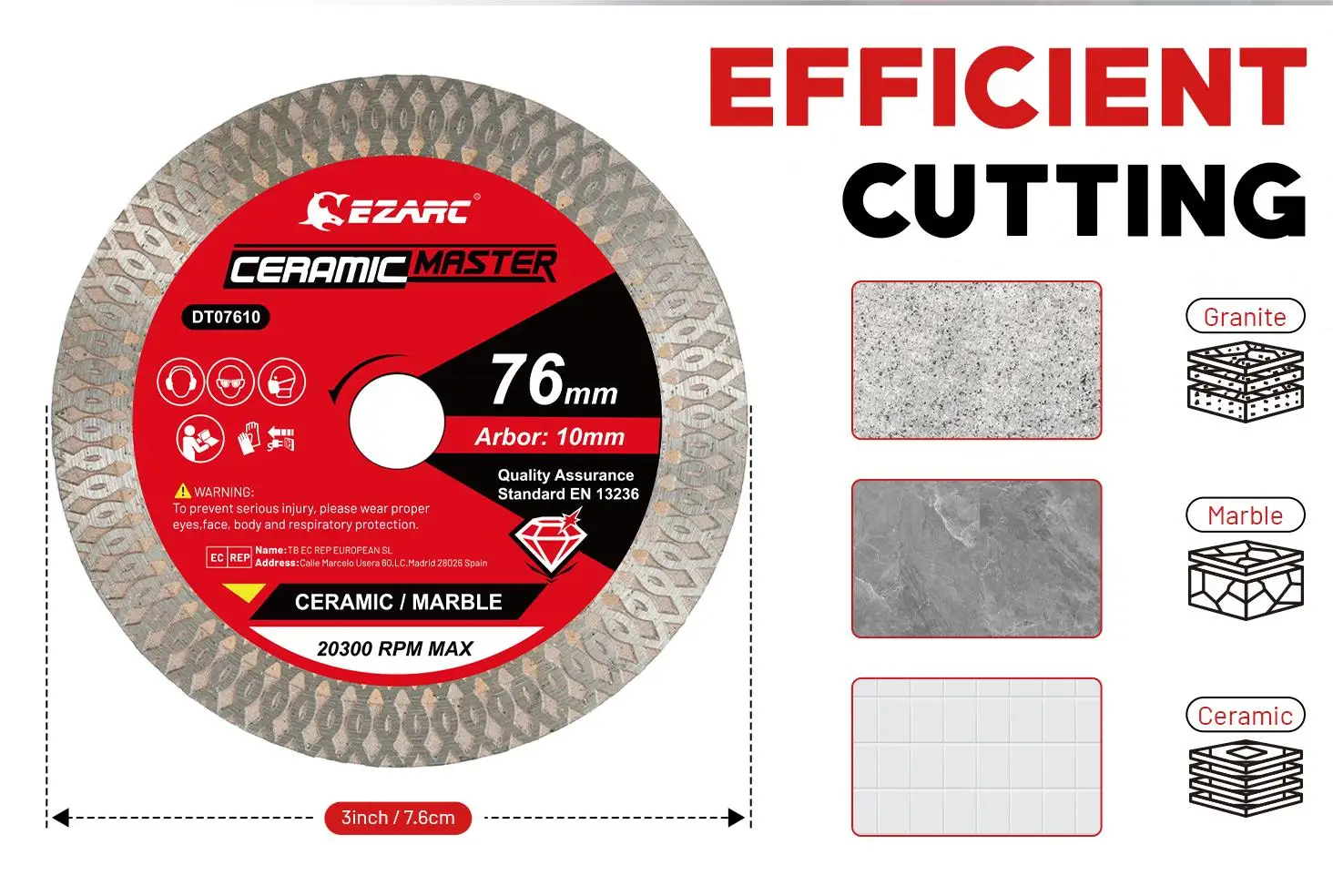 EZARC Diamant-Fliesenschneidscheibe 76mm/3'' für Porzellan, Keramik, Granit, Marmor, Fliesen, Superdünne Winkelschleifer-Sägeblätter, Schneidwerkzeuge – Detail 4