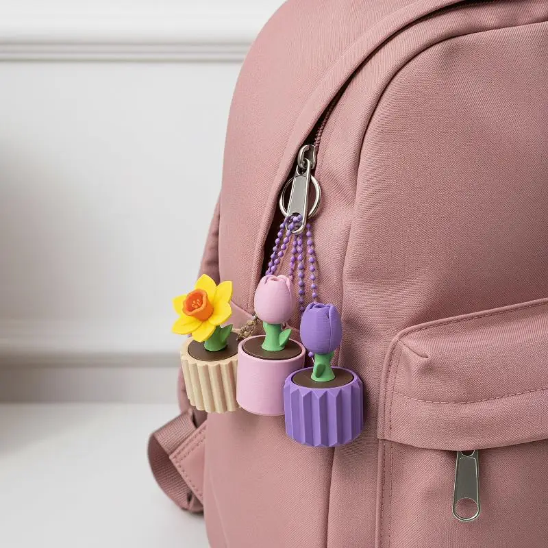 Tiny Potted Flower Fidget Charm, Eco-Friendly PLA 3D Printed Spring Floral Plant Style Decompression Backpack Decor Keychain