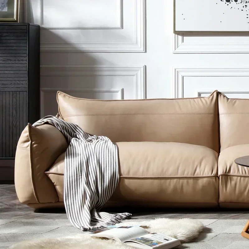 Sofa Living Room Cloud Sofa Cream French, Leather Modern Simple Three