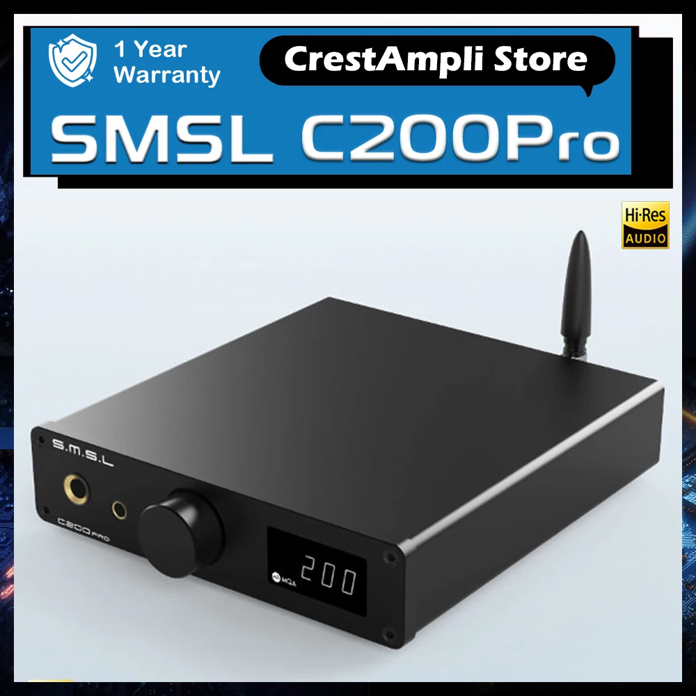 SMSL C200Pro Hi Res Audio Decoder MQA-CD DSD Support Bluetooth5.1 USB Optical Coaxial 6.35mm 4.4mm Outputs Headphone Amplifier