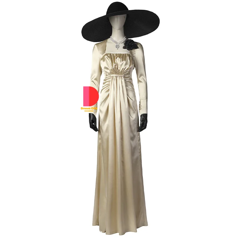 

Movie RE8 Village Alcina Long Dress Dimitrescu Carnival Cosplay Costume Halloween Evening Party Outfit Vampire Suit With Hat