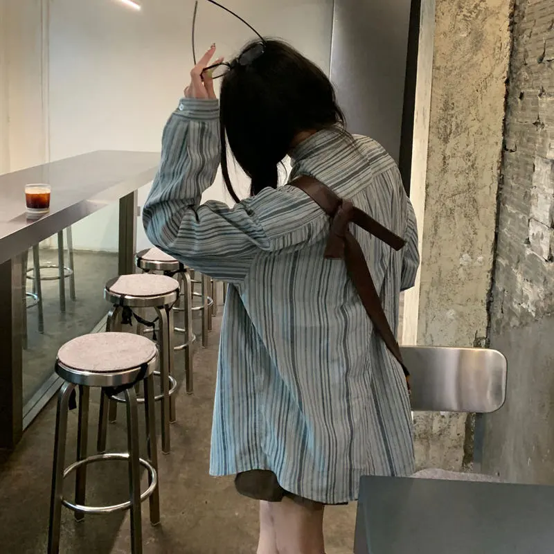 Autumn New Striped Vintage Shirts Female Clothing Loose Versatile Spring Autumn Pockets Spliced College Style Long Sleeve Blouse