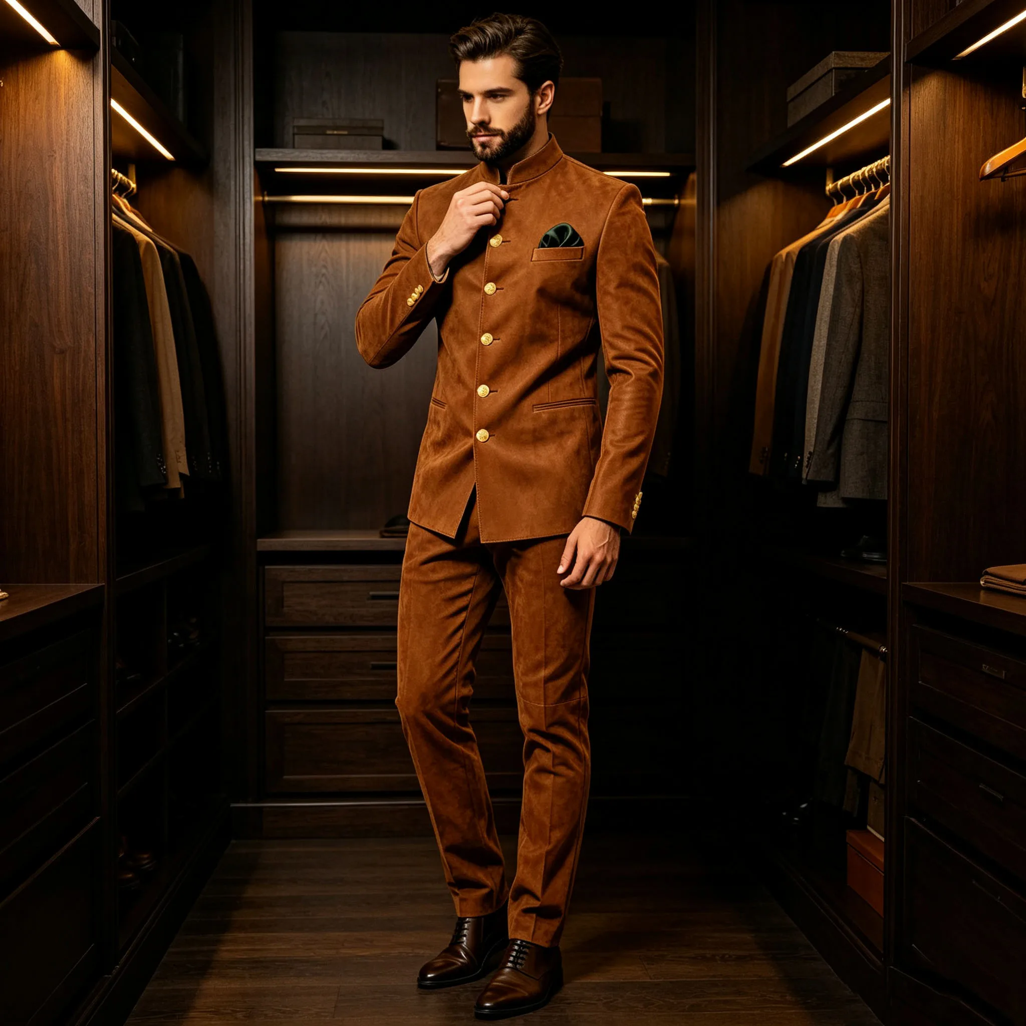 Vintage Men's Suede 2 Pieces Suit Mandarin Collar Slim Fit Gold Button Jacket Pants Formal Gentleman Set Business Wedding Party