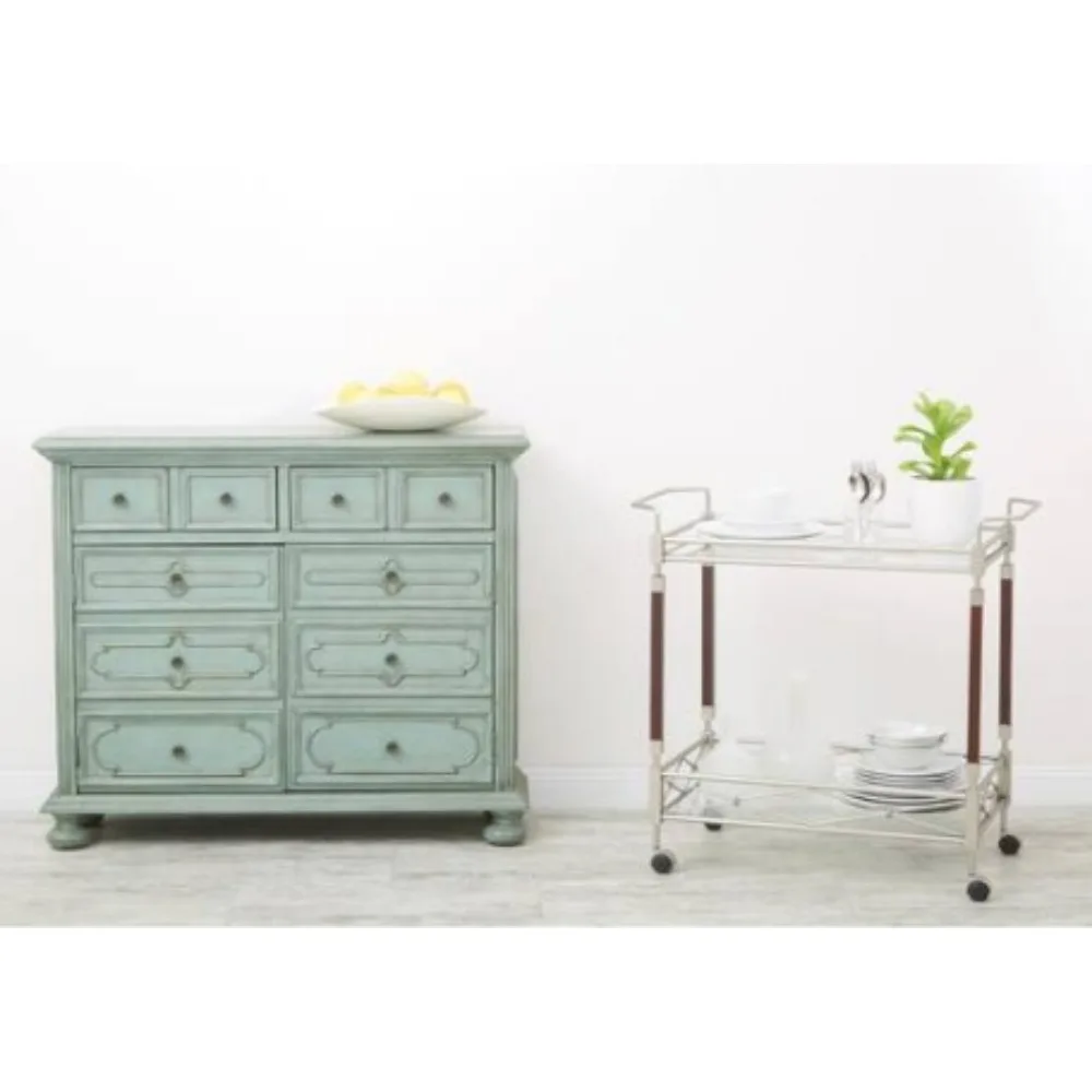 Metal Frame Serving Cart with Brushed Nickel Finish and 2 Tempered Glass Shelves