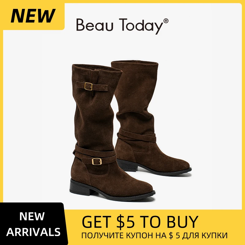 

BEAUTODAY Long Boots Women Cow Suede Leather Solid Color Round Toe Double Buckle Strap Knight Boots Ladies Shoes Handmade 01708