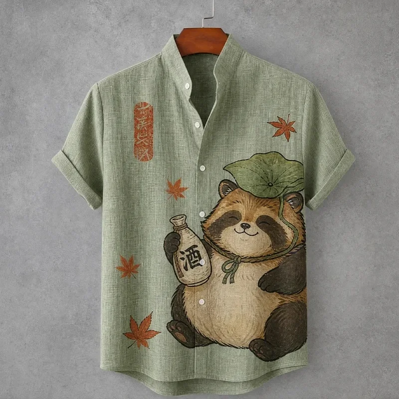 Men's Casual Button Down Shirt Japanese Tanuki Print Stand Collar Short Sleeve Vintage Tops Oversized Summer Holiday Tunics