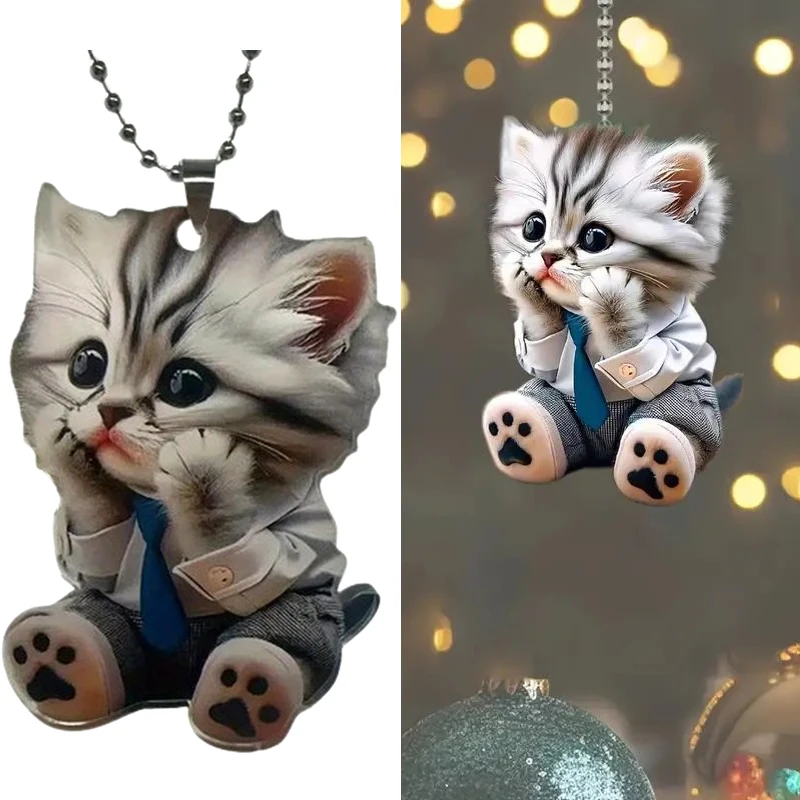 Ciondolo per auto ornamento da appendere con catena realistico animale a forma di gatto 2D ciondolo specchietto retrovisore appeso Decor accessori per auto