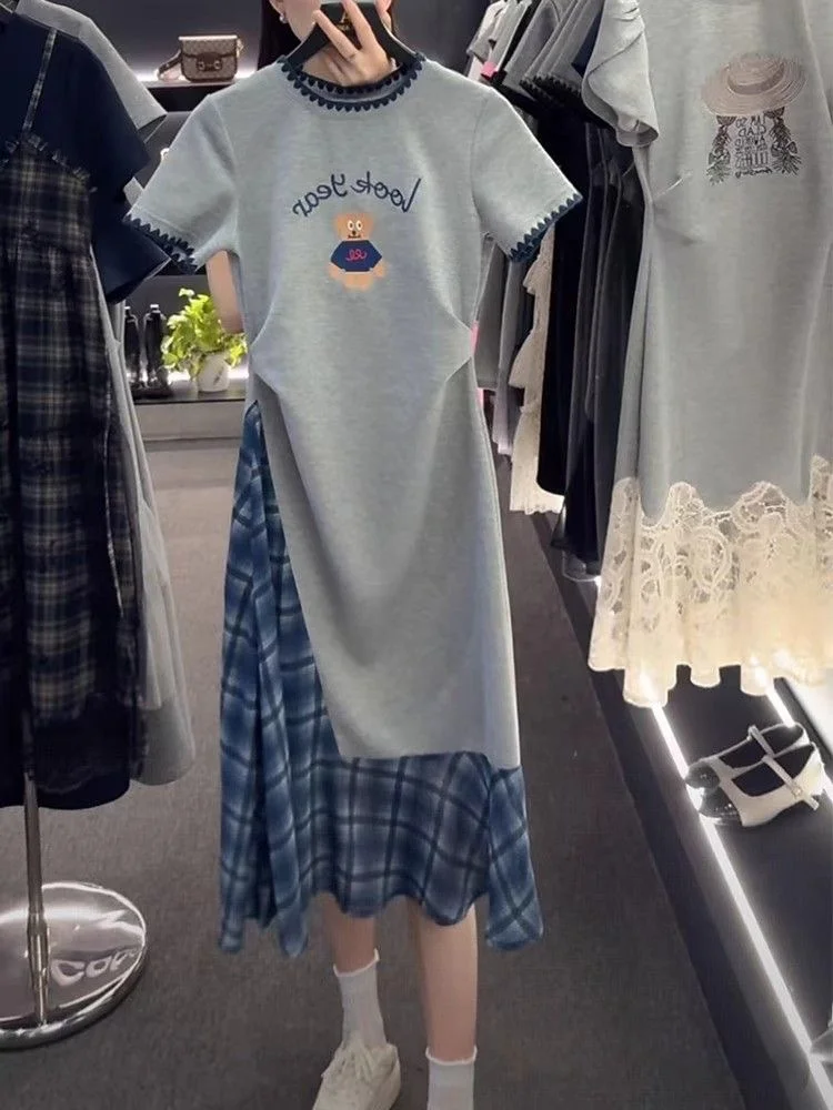 Elegant Bear Embroidery Dress Women's Summer New Style Simple A-Line Skirt Casual High Waist Polyester Fiber Short Sleeve