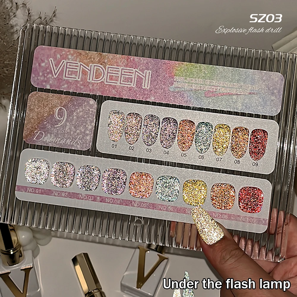 Vendeeni 9 Farben Transluzenter Diamant-Gel-Nagellack Glitzer UV LED Soak-Off Gel-Lack Flash Nail Art Gel-Lack 15ml – Detail 6
