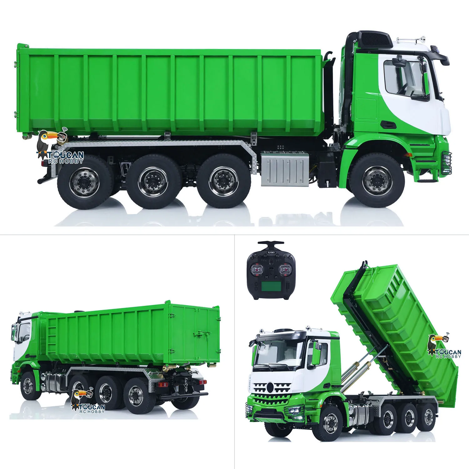

1/14 8x8 RC Hydraulic Dumper Truck Roll On Off Full Finished Dumper Car Rear Axle Steering 3 Speed Gearbox Light Sound Toys