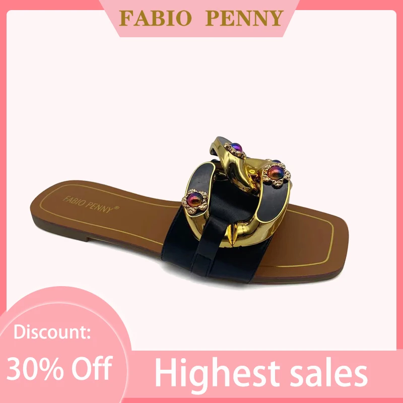 FABIO PENNY's new Italian-style lady's flat slippers holiday party dinner lady's slippers Rhinestone buckle lady's shoes