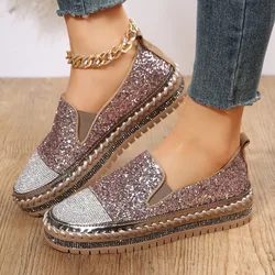 European and American Style Fashionable Minimalist Loafers with Rhinestone Decor, Non-Slip Outsole