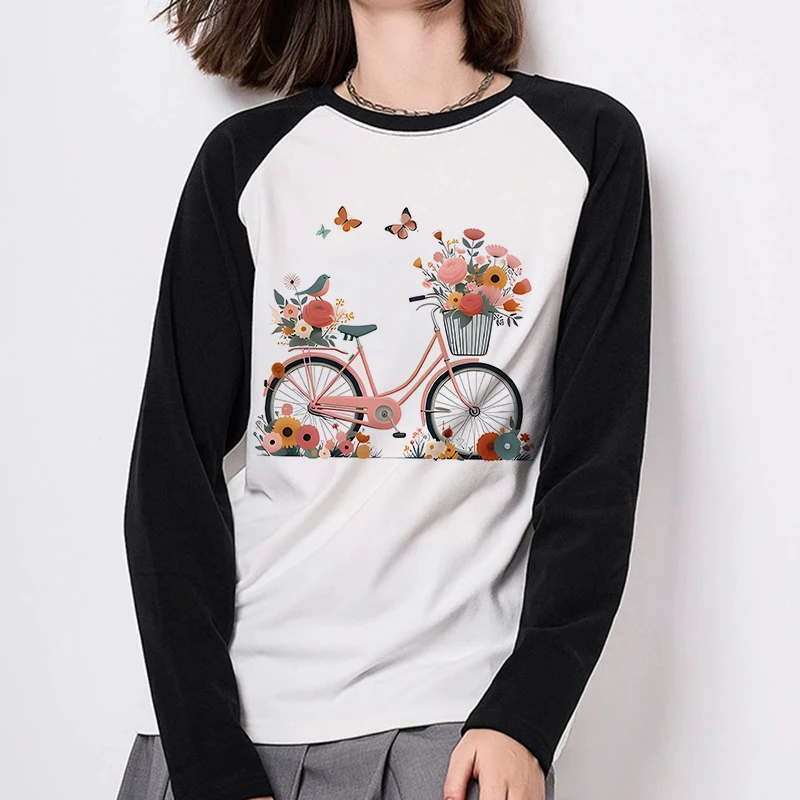 Damen-T-Shirt mit langen Ärmeln, 90er-Jahre-Motiv, lustiges Gothic-T-Shirt, wählen Sie, dankbar, Blumen-Fahrrad-Druck, für alle Jahreszeiten, T-Shirt, Kleidung