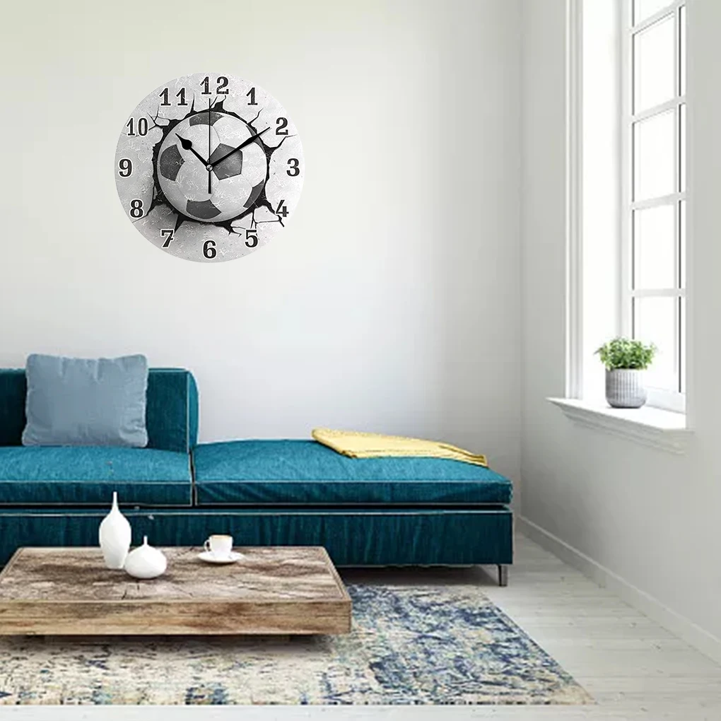 Timeless Sport Football Ball Print Round Acrylic Wall Clock Unique Style Football Wall Crack Clock