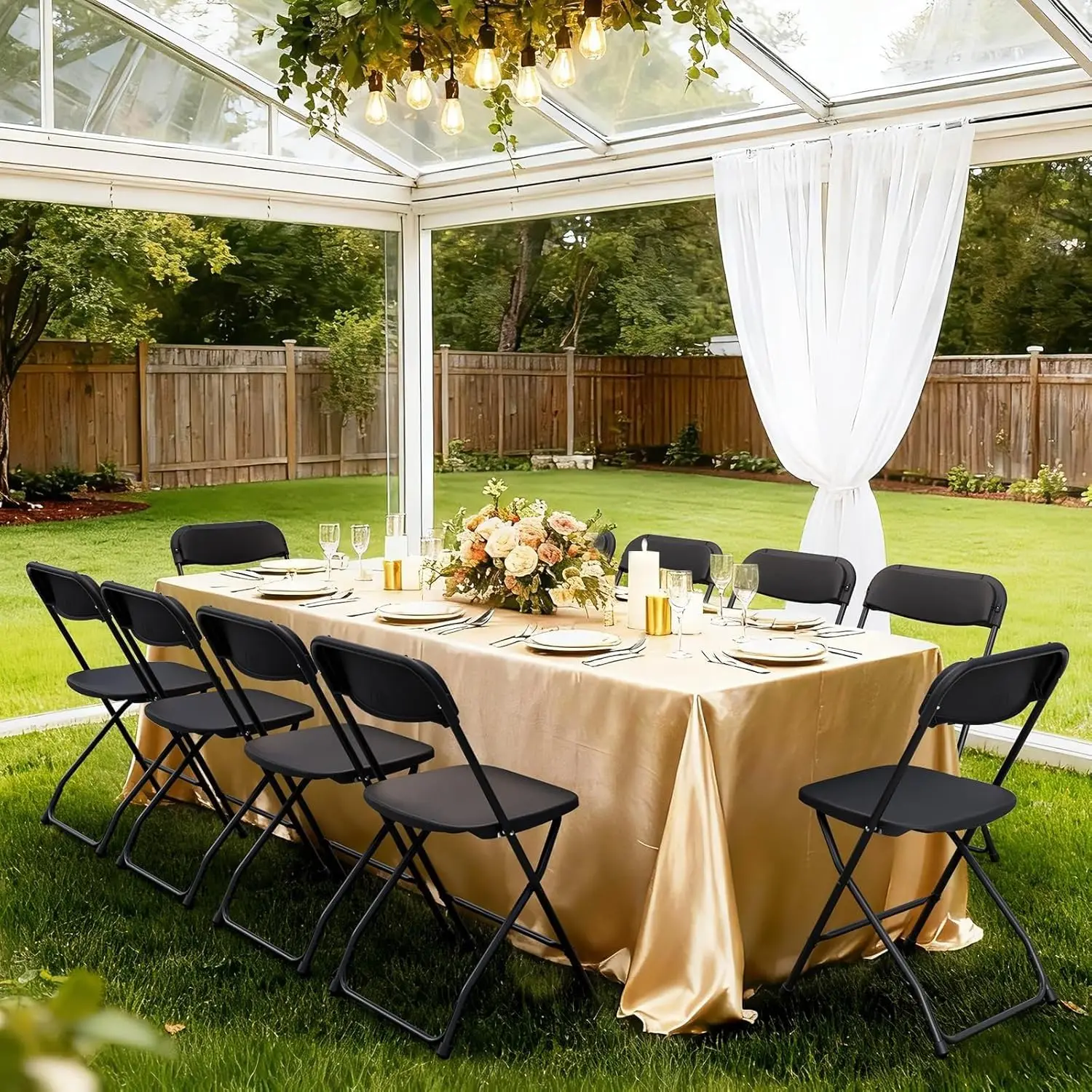 4 Pack Black Plastic Folding Chairs, 350LBS Capacity Stackable Portable Chairs with Steel Frame, for Indoor Outdoor Patio Garden Picnic Kitchen Events