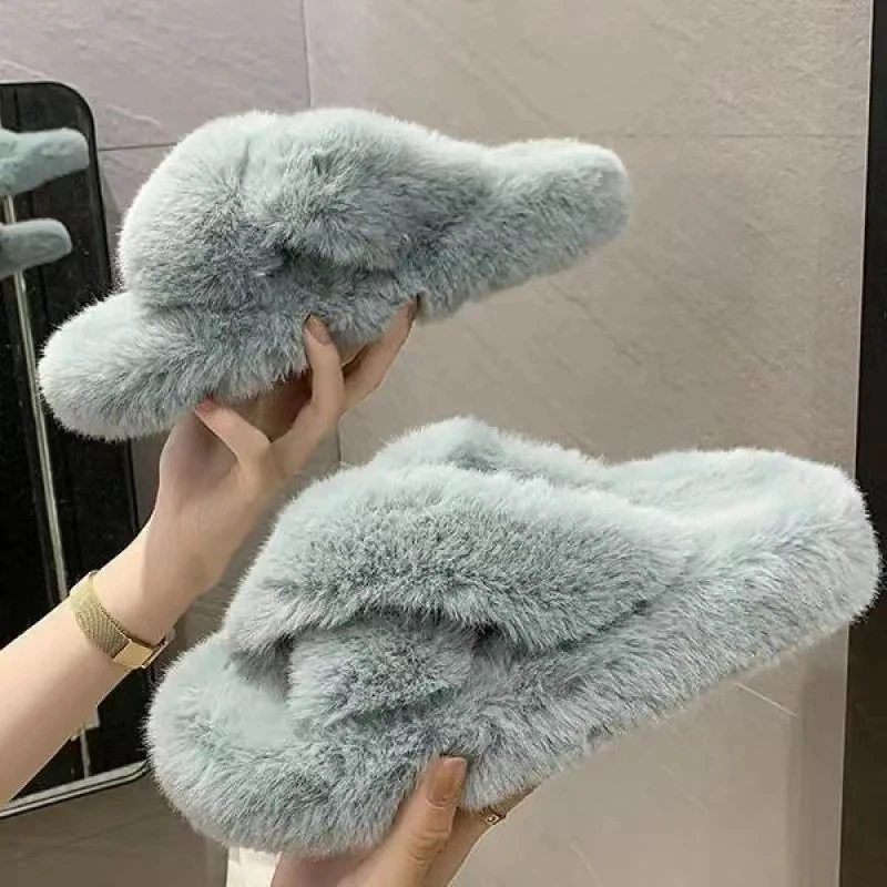 Women Fur Warm Winter Furry Fur Shoes Fluffy Plush Slippers Home House Indoor Shoes Bedroom Slippers Female Ladies Round Toe