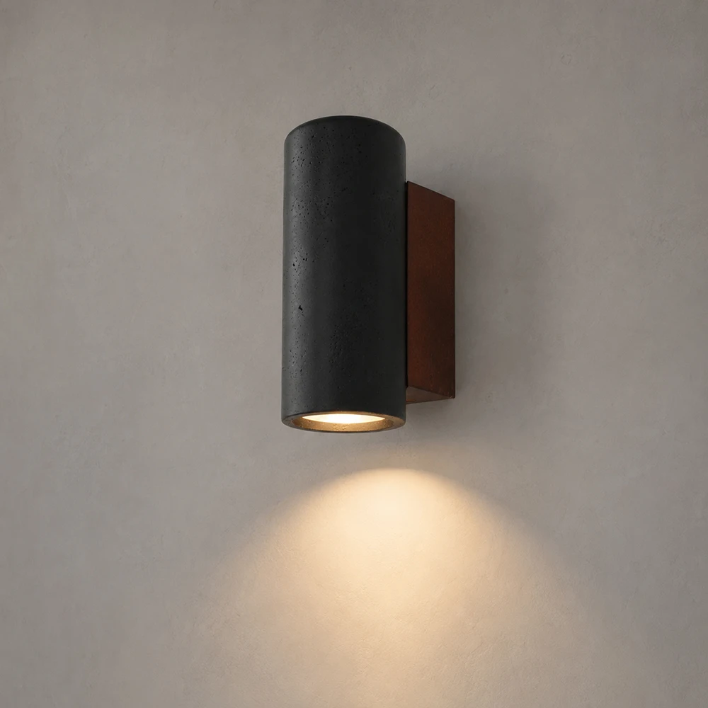Modern Black Travertine Texture Wall Lamp Wood GU10 Sconce Minimalist Stone Finish Bedside Downlight for Bedroom Corridor 110V
