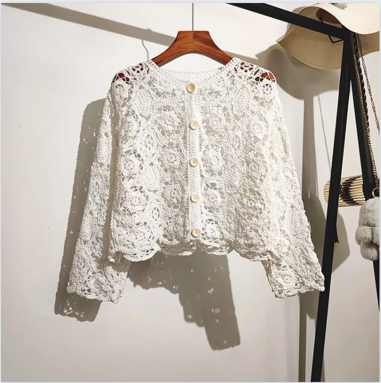 2024 spring and summer O neck long sleeve solid casual Hollow Cardigan Female Korean Lace Small Shawl Cotton Cardigan female