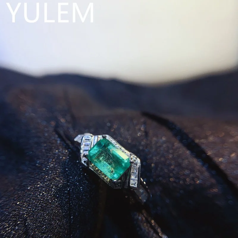 YULEM Natural Emerald Rings for Women Rectangle 5x7mm Silver 925 Rings Jewelry Wedding Engagement Gift