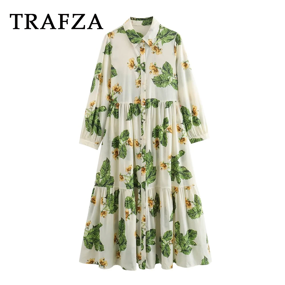 

TRAFZA 2024 Women Summer Casual Floral Print Dress Draped Single Breasted Skirts Folds Turn-Down Collar Fashion Women Dresses