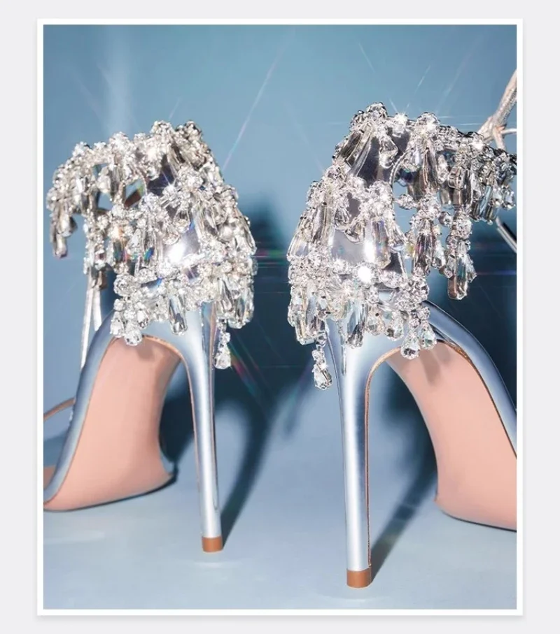 

Crystal Fringe Luxury Rhinestone Silver High Heels Lady Open Toe Strap Stiletto Sandals Leather Temperament Sexy Women's Shoes