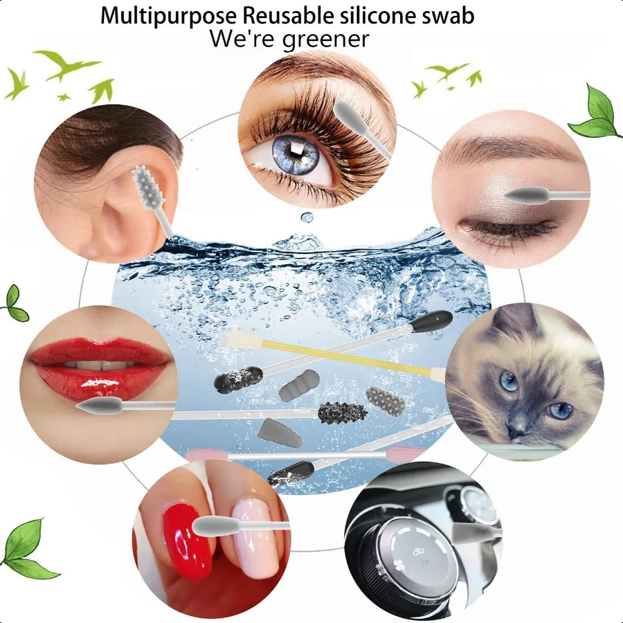 Strogem Tamponi di cotone riutilizzabili con 1 specchio per applicazioni e pulizia del trucco QTip in silicone lavabile portatile multifunzionale